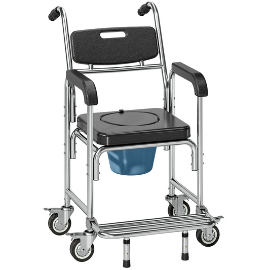 HOMCOM Transport Beside Shower Chair, 3-in-1 Commode Chair with Wheels and Padded Seat, Black