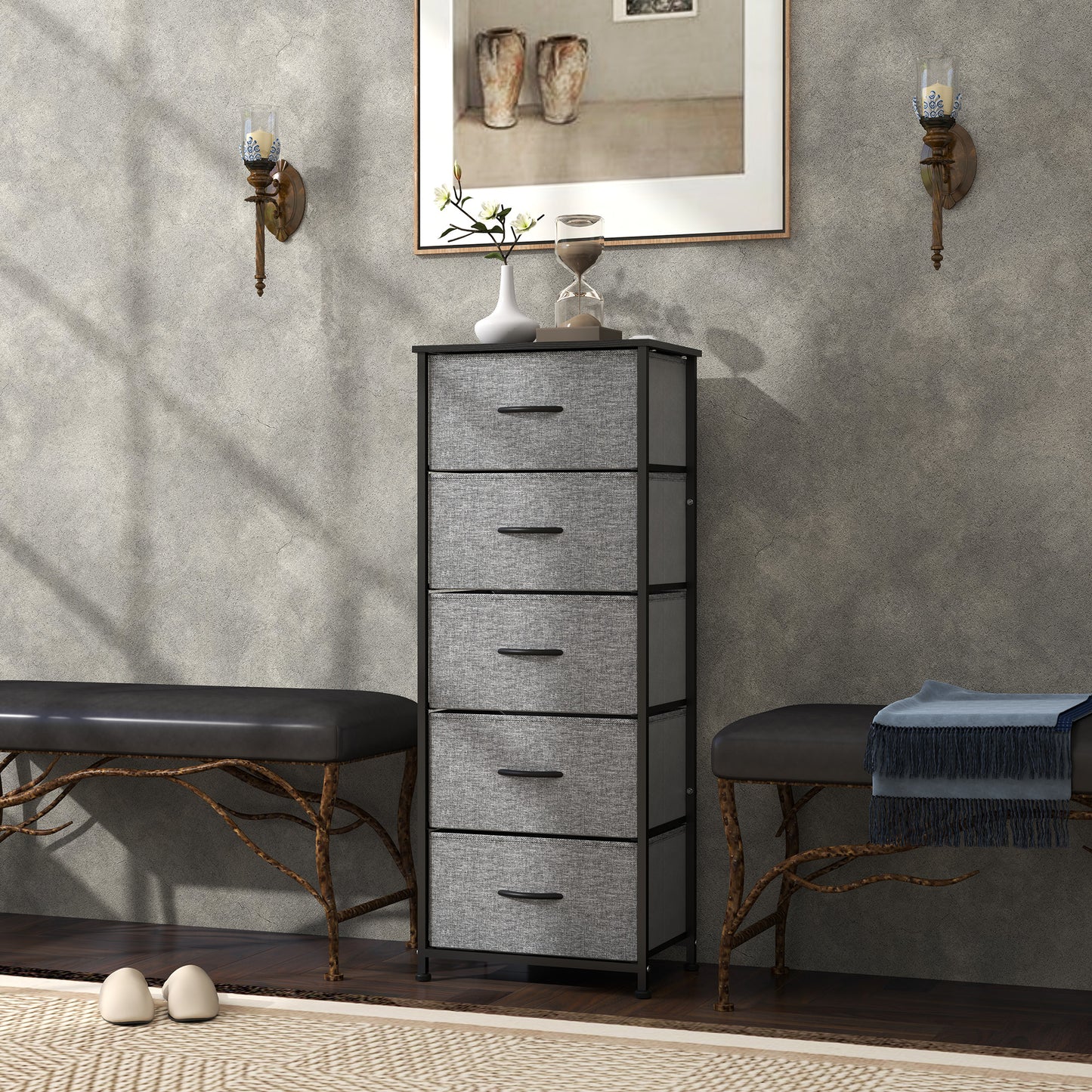 HOMCOM Industrial Dresser with 5 Fabric Drawers, Steel Frame, Wooden Top for Nursery, Living Room, Hallway, Dark Grey