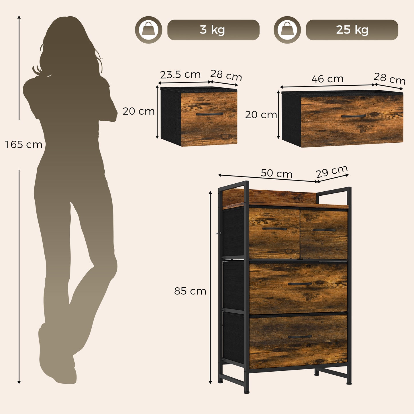HOMCOM Rustic Chest of Four Fabric Drawers - Rustic Brown