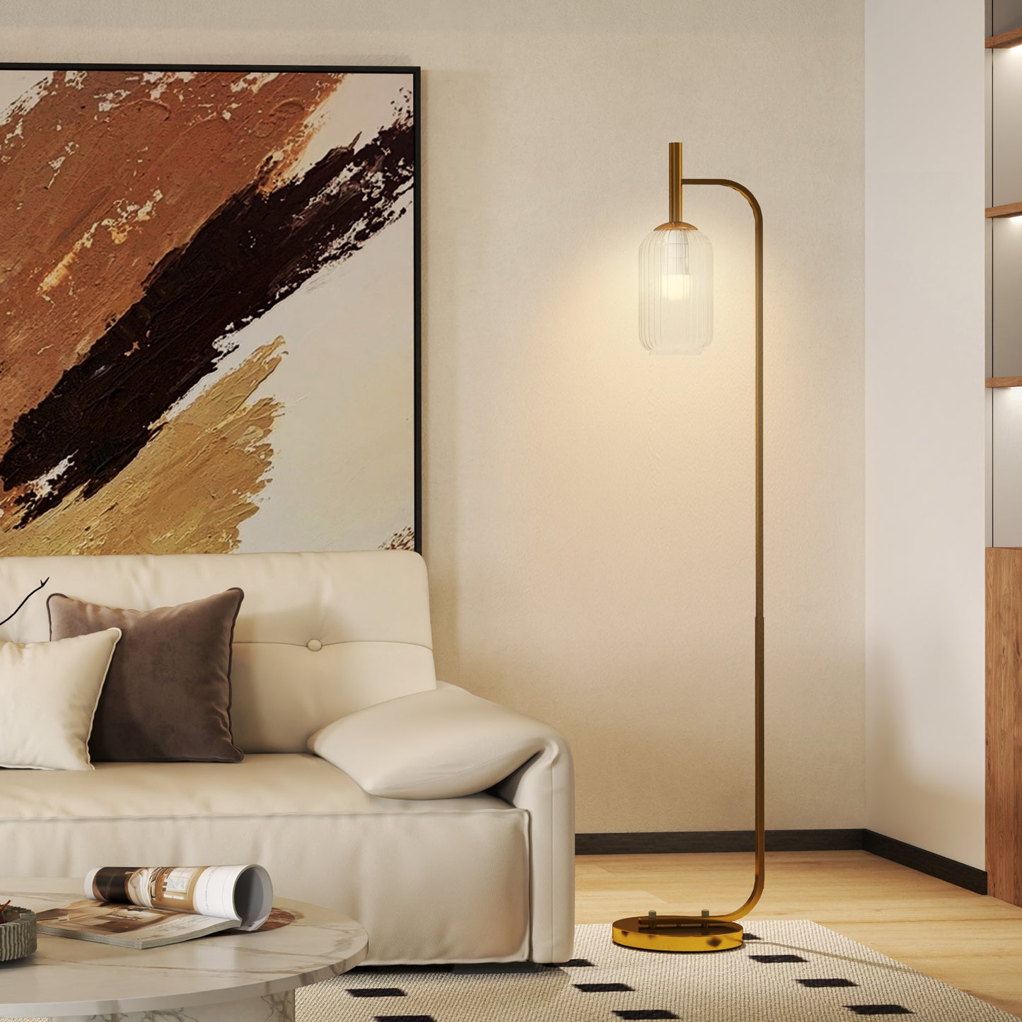 HOMCOM LED Floor Lamp with Glass Shade, Modern Standing Lamp with Foot Switch, Adjustable Brightness 2700K for Bedroom, Gold Tone