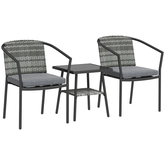 Outsunny 3-Piece Rattan Bistro Set with Cushions, Wicker Furniture, Glass Top Table & Chairs for Patio, Balcony, Terrace, Conservatory, Grey