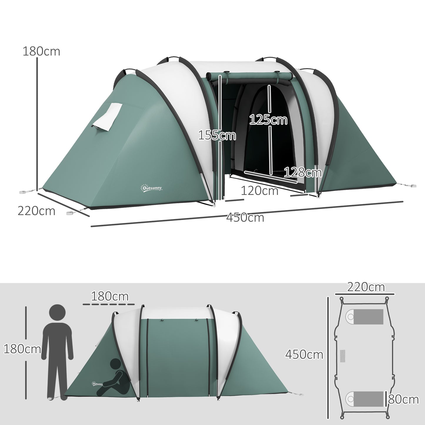 Outsunny Camping Tent with 2 Bedrooms and Living Area 3000mm Waterproof Family Tent for Fishing Hiking Festival Dark Green