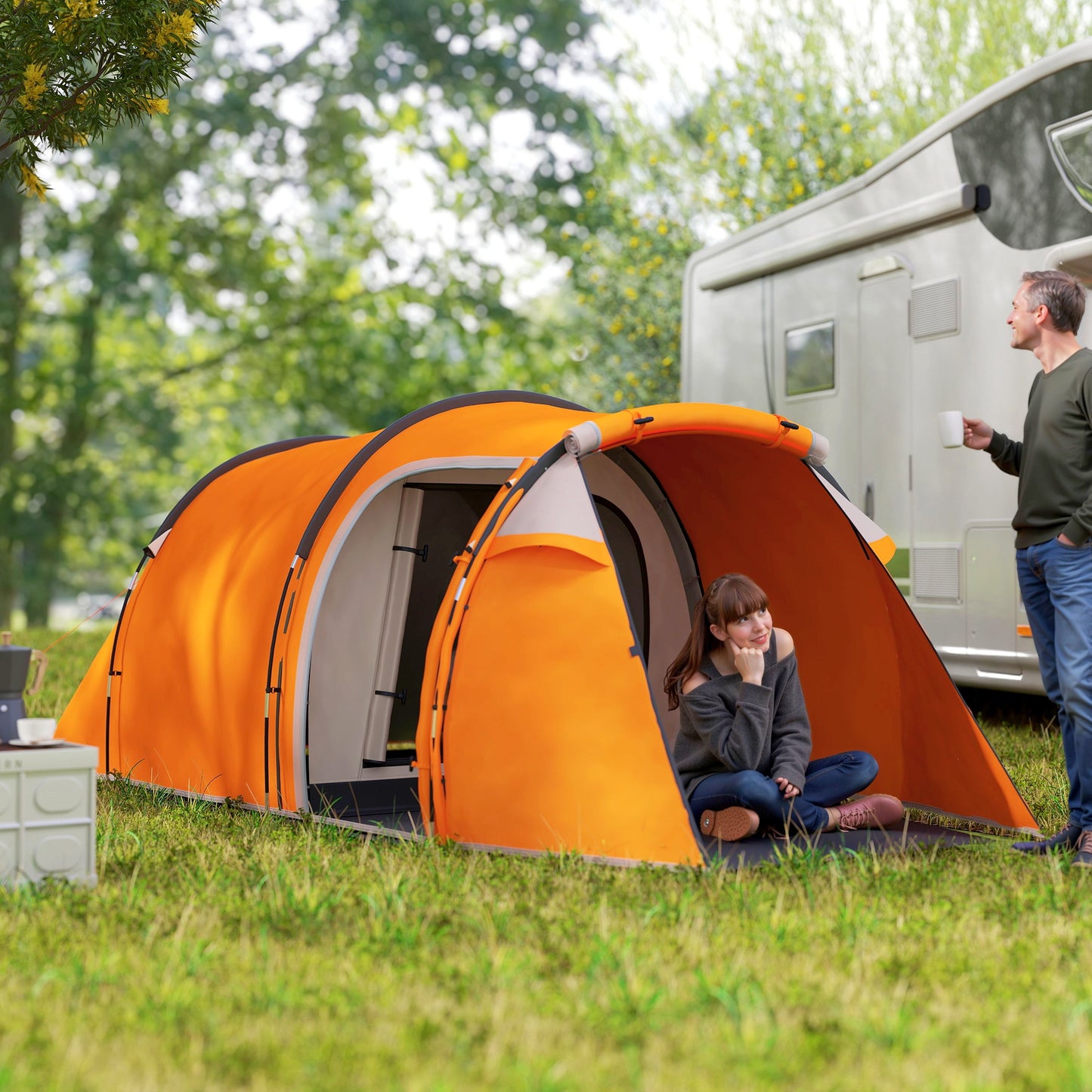 Outsunny 2-3 Man Tunnel Tents w/ Vestibule Camping Tent Porch Air Vents Weather-Resistant Shelter, Orange
