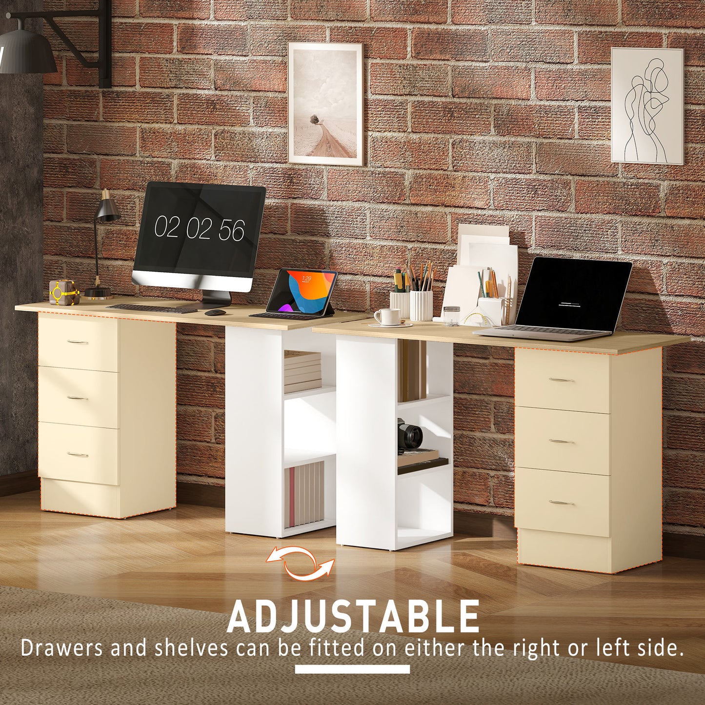 HOMCOM Computer Desk, Writing Table with 3 Shelves & Drawers, Silver Handle, for Home Office, Natural Wood & White Finish