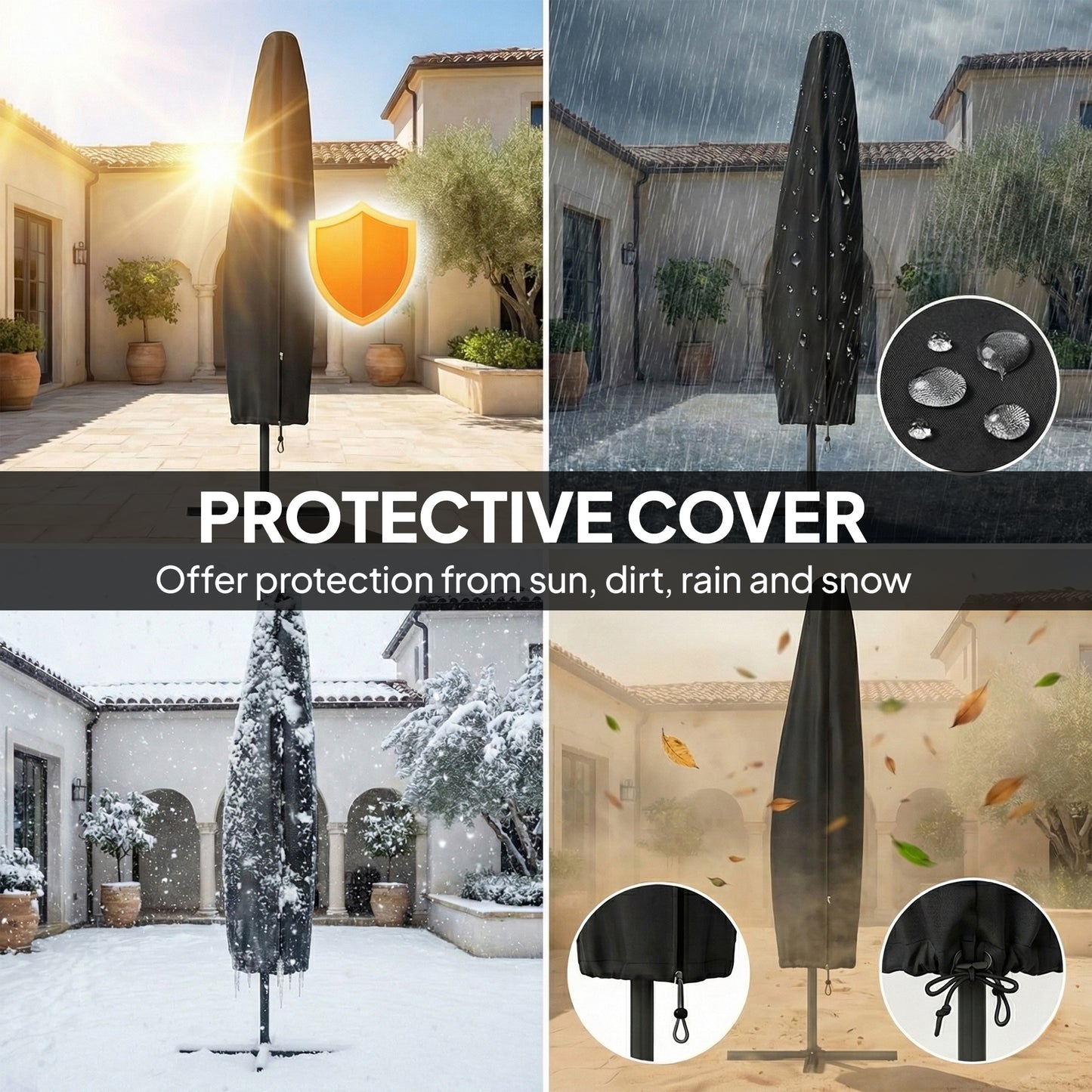 Outsunny 3 m Garden Cantilever Parasol with LED Solar Light, Round Overhanging Umbrella with 360° Rotation, Cover, Khaki