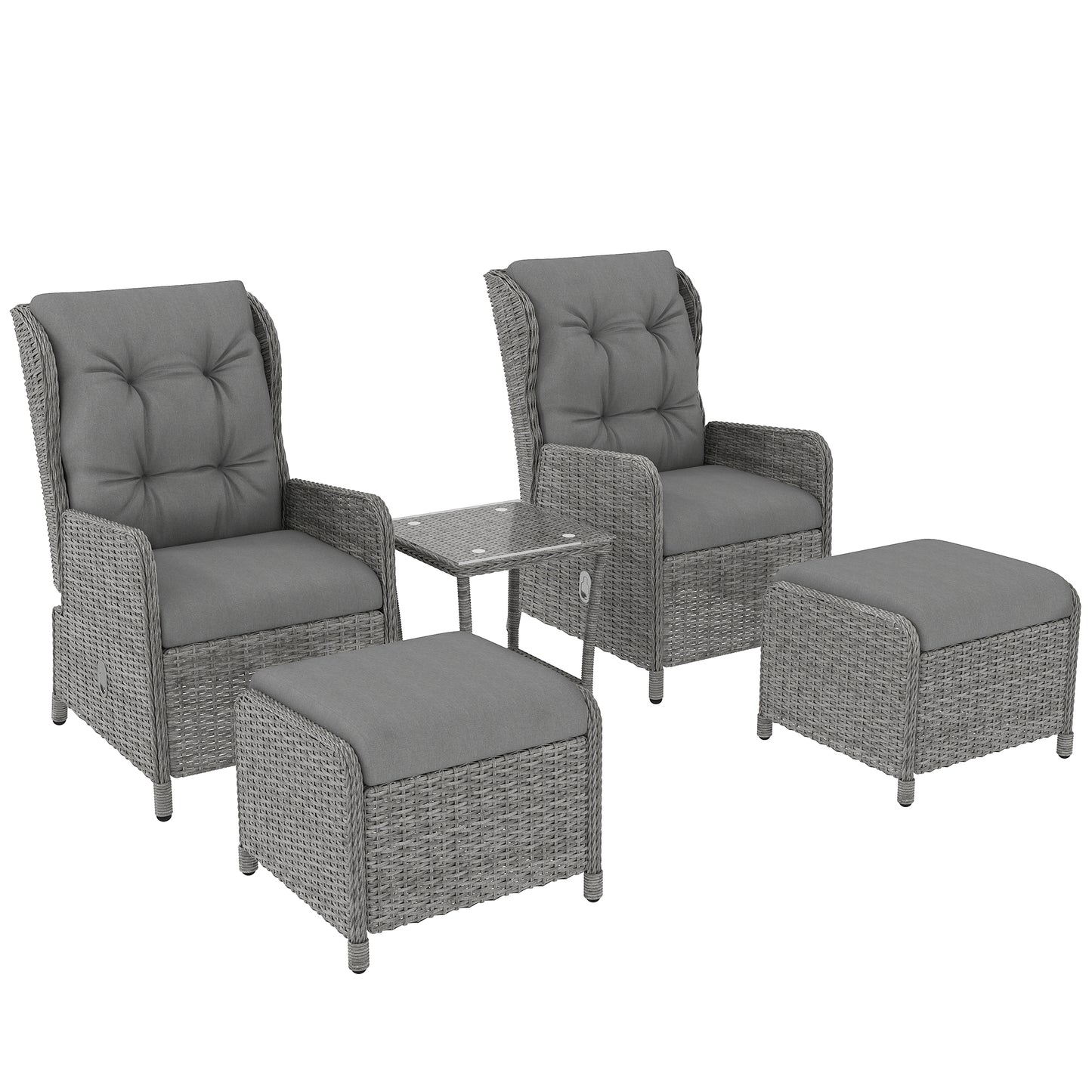 Outsunny 5pc Rattan Bistro Set: Reclining Wicker Furniture with Cushions, Glass Table & Footstools, Light Grey