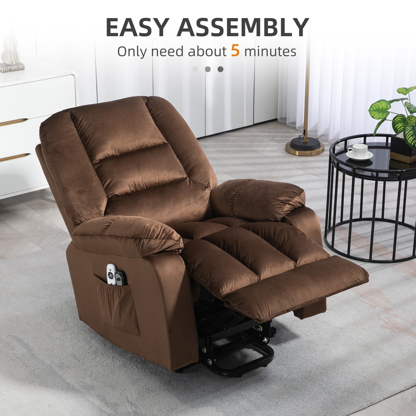 HOMCOM Lift Chair Quick Assembly Electric Riser and Recliner Chair with Vibration Massage Heat Side Pockets Brown
