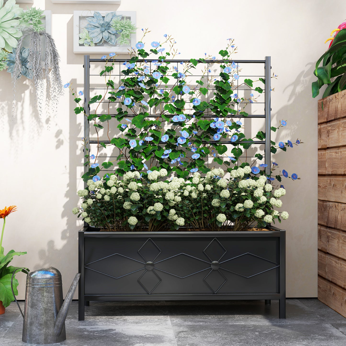 Outsunny Raised Bed with Trellis, Galvanised Planter Box with Drainage Holes for Vegetables, Herbs & Flowers, 90x40x120 cm, Black