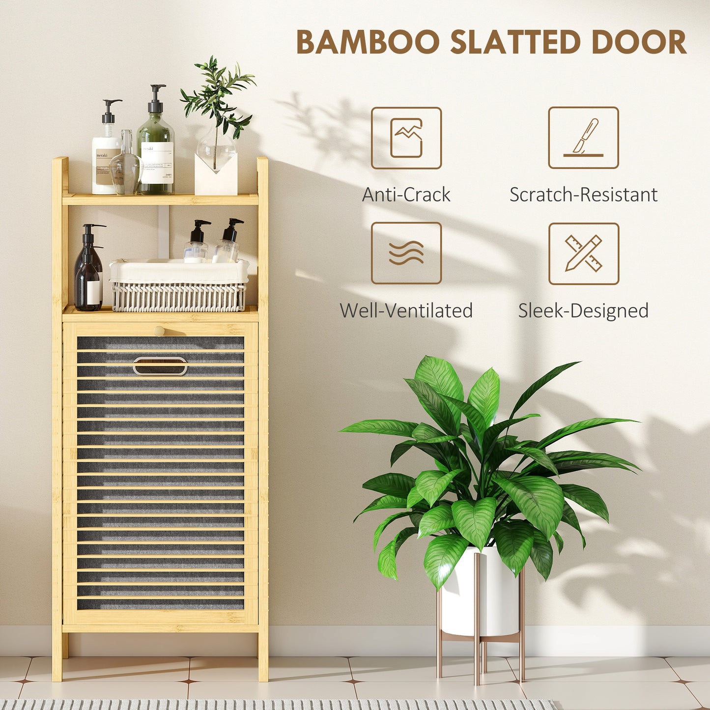 HOMCOM Bamboo Laundry Cabinet, Slatted Door, Tilt-Out Hamper, Removable Liner Bag, 40x30x95 cm, Natural Finish