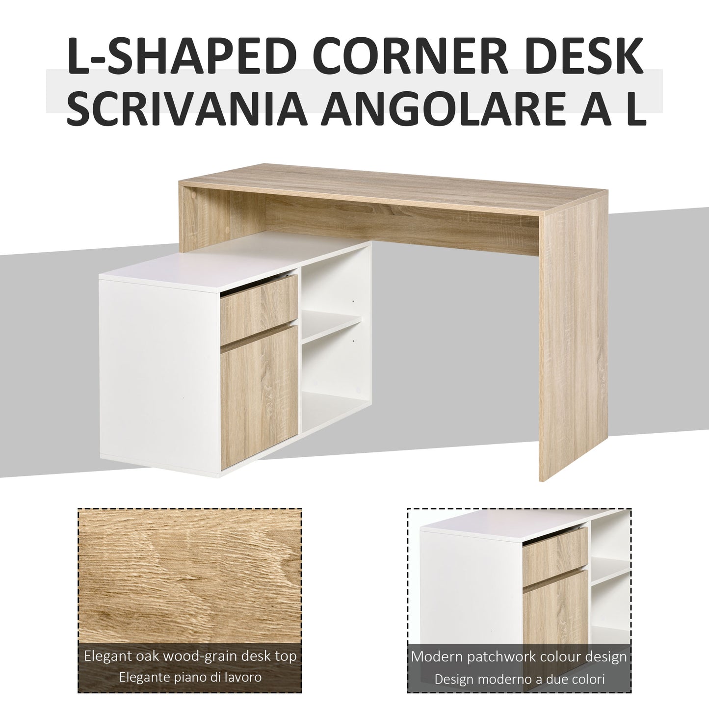 HOMCOM L-Shaped Corner Computer Desk Study Table PC Work w/ Storage Shelf Drawer Office