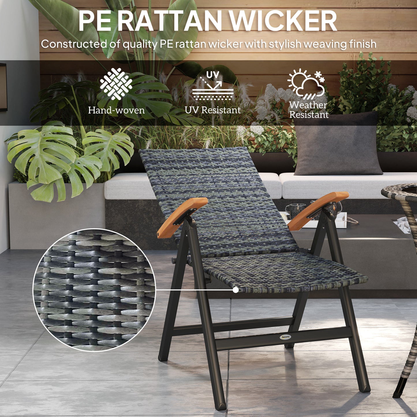 Outsunny Outdoor Foldable Dining Chair with Armrests, High Backrest, for Garden, Camping, Balcony, Porch, Mixed-grey
