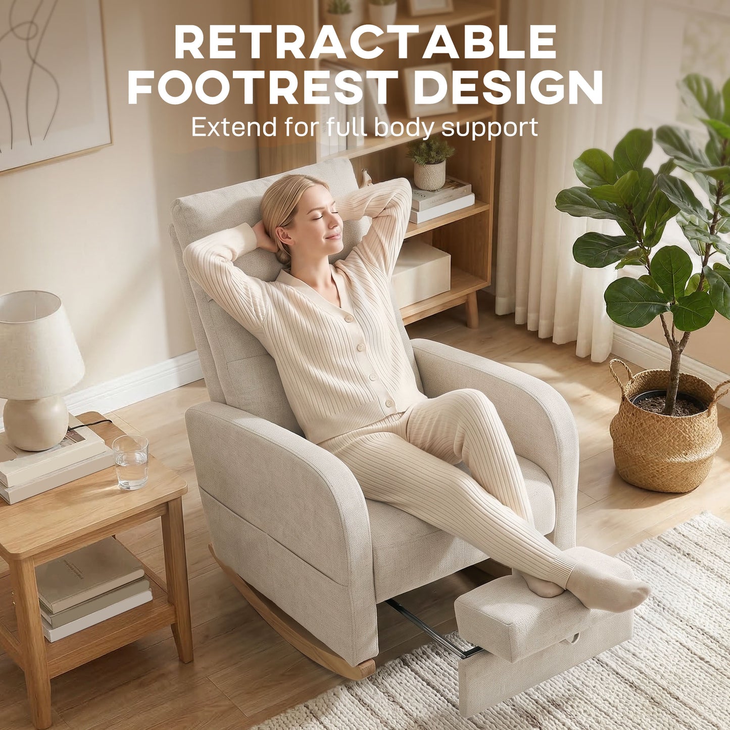HOMCOM Upholstered Rocking Chair Retractable Footrest Rocker Chair High Back for Living Room Cream White