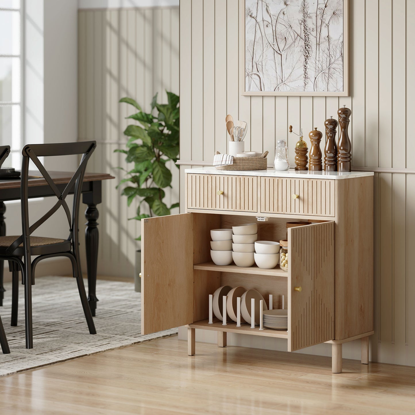 HOMCOM Sideboard Storage Cabinet, Fluted Kitchen Cupboard with Marble-Effect Top, 2 Drawers, 2 Doors and Adjustable Shelf, Oak
