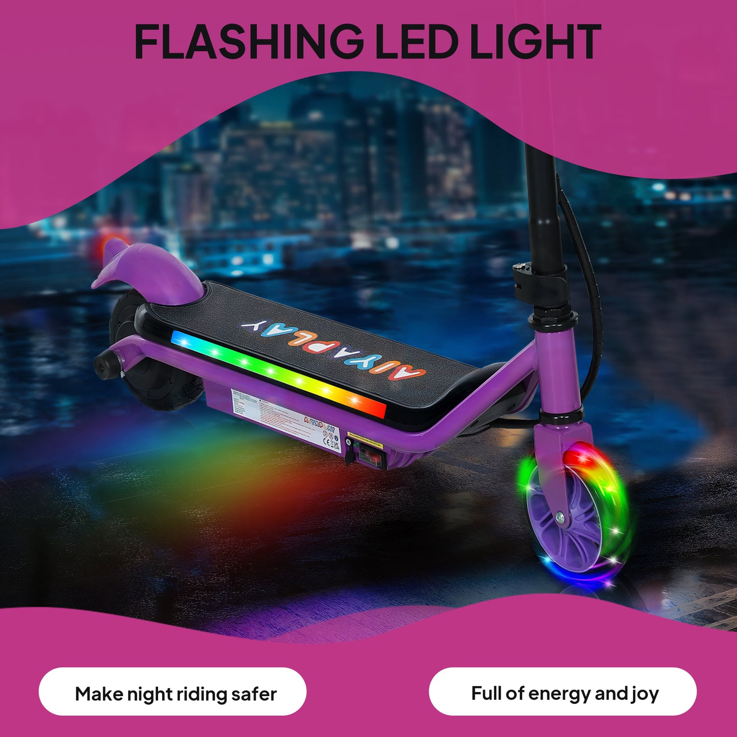 AIYAPLAY Electric Scooter for Kids 6-14, Dual Brakes, Flash Wheel, Colorful Light, Up to 12 KM/H & 10 KM, Purple