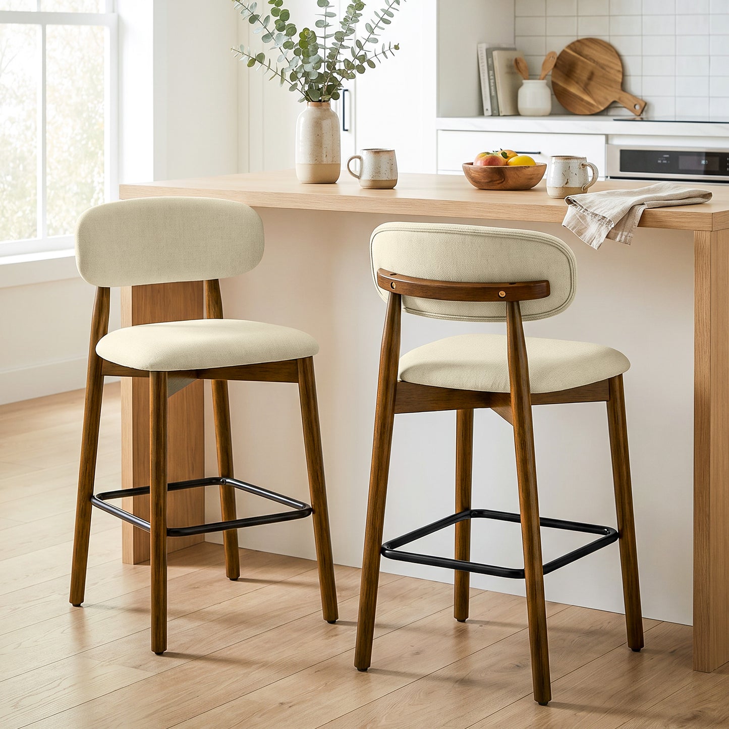 HOMCOM Bar Stools Curved Open Back Padded Seat Footrest Set of 2 for Kitchen Beige