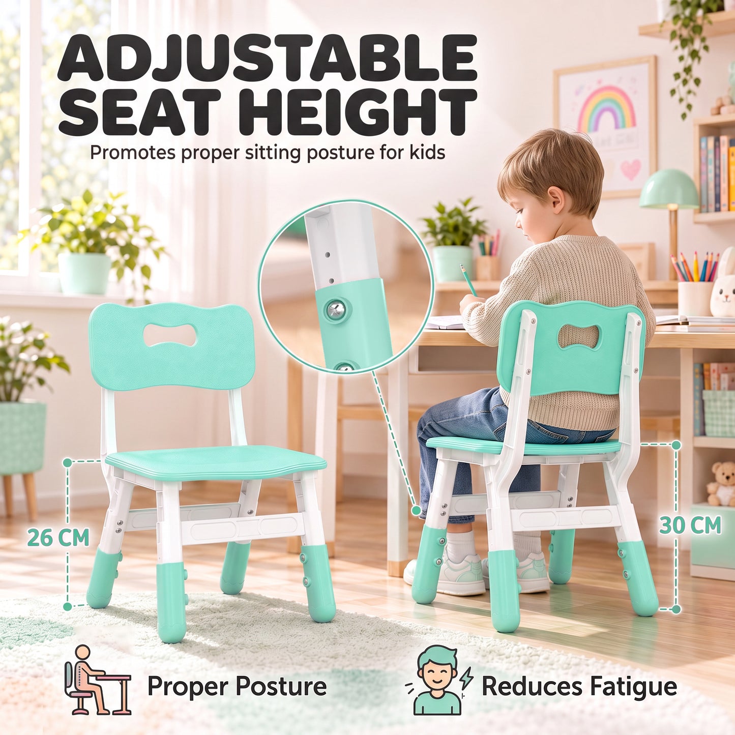 AIYAPLAY 2 PCS Kids Desk Chairs, 3 Level Height Adjustable Children's Chairs with Backrest for 1.5-8 Years, Max Load 50KG, Green