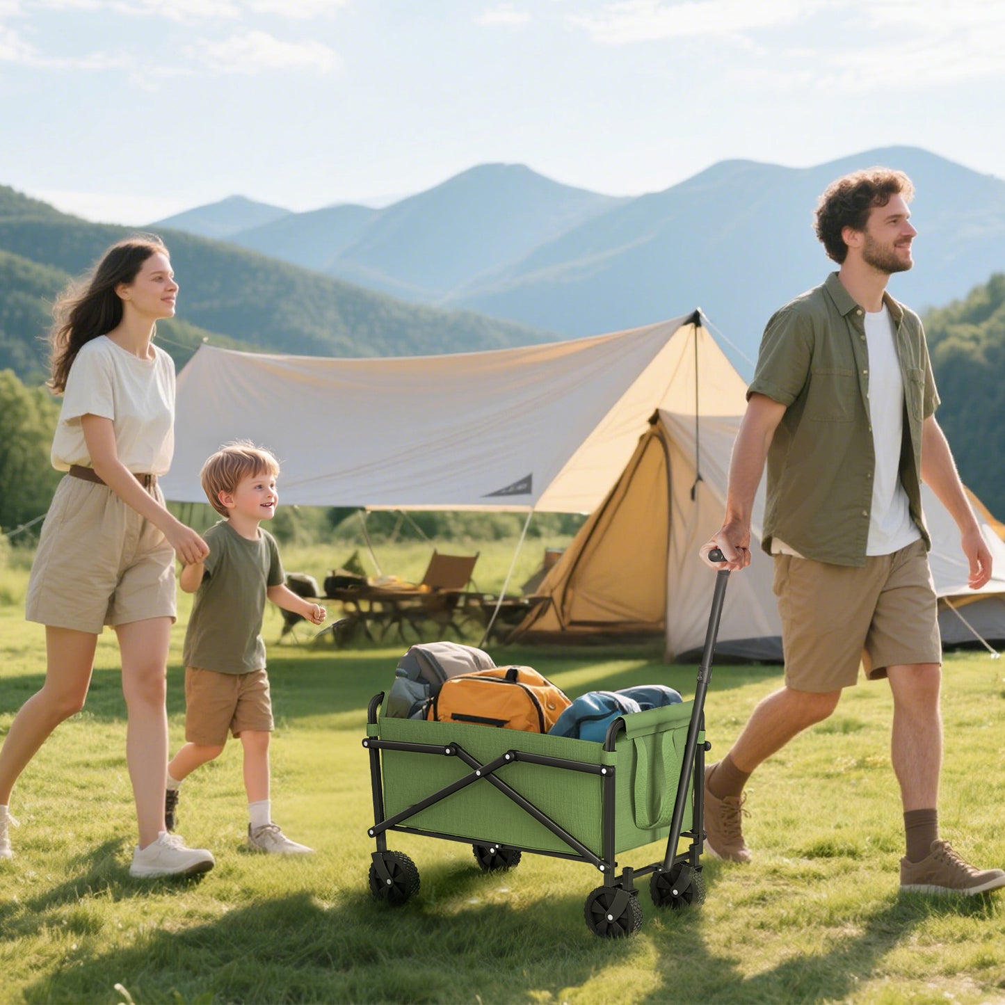 Outsunny 41L Festival Trolley on Wheels, 60kg Folding Wagon with Adjustable Handle & Carrying Bag for Beach, Camping, Festival, Green