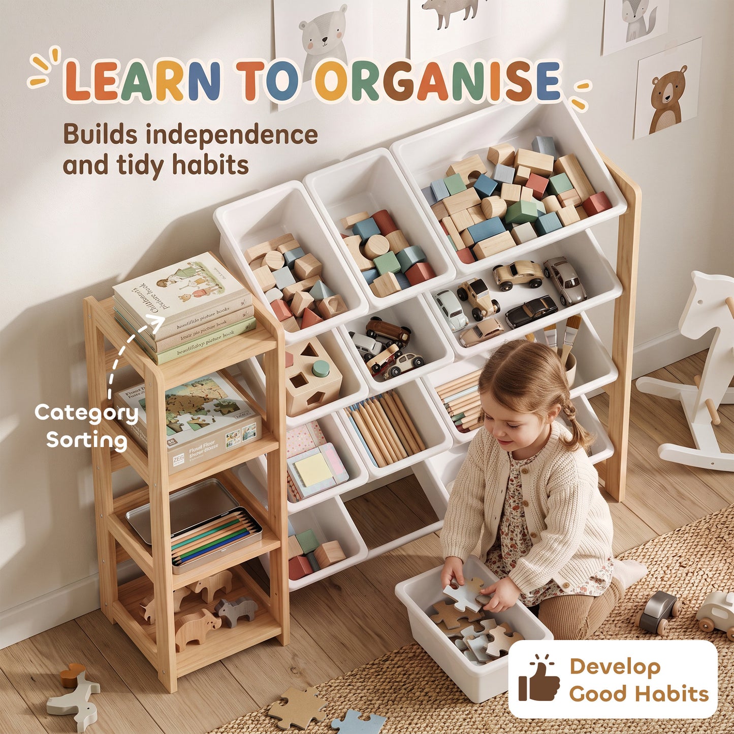AIYAPLAY Toy Storage Organiser with 3 Shelves and 12 Bins, Wooden Toy Organiser for Playroom, Bedroom, Nursery, Natural