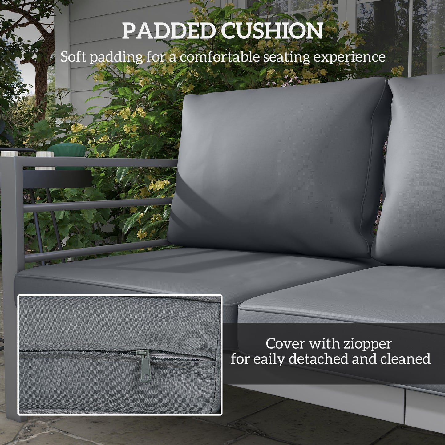 Outsunny Aluminium Three-Seater Garden Bench with Cushions - Grey