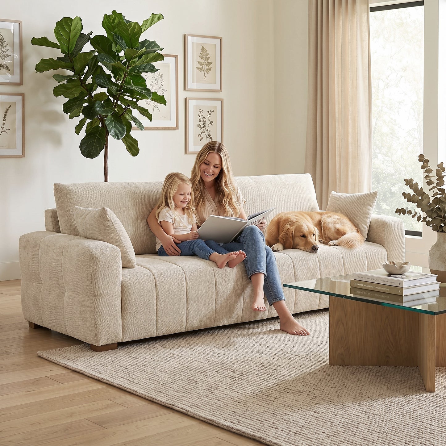 HOMCOM 3 Seater Sofa, Upholstered Velvet Couch for Bedroom with Pillows, Padded Cushion and Wood Legs, Cream White