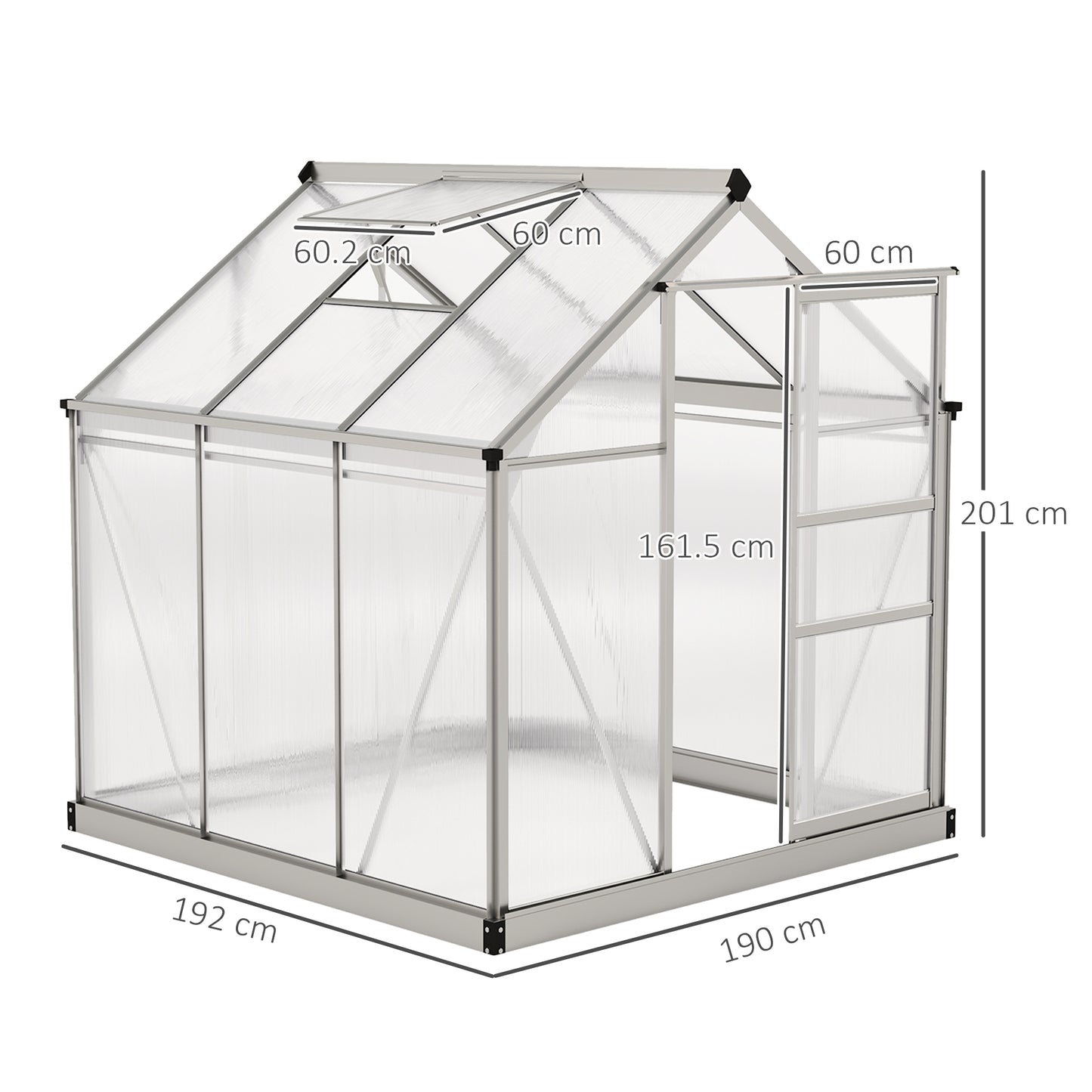 Outsunny Polycarbonate Greenhouse, Large Walk-In Green House with Slide Door and Window, Aluminium Frame, 6x6ft, Silver Tone