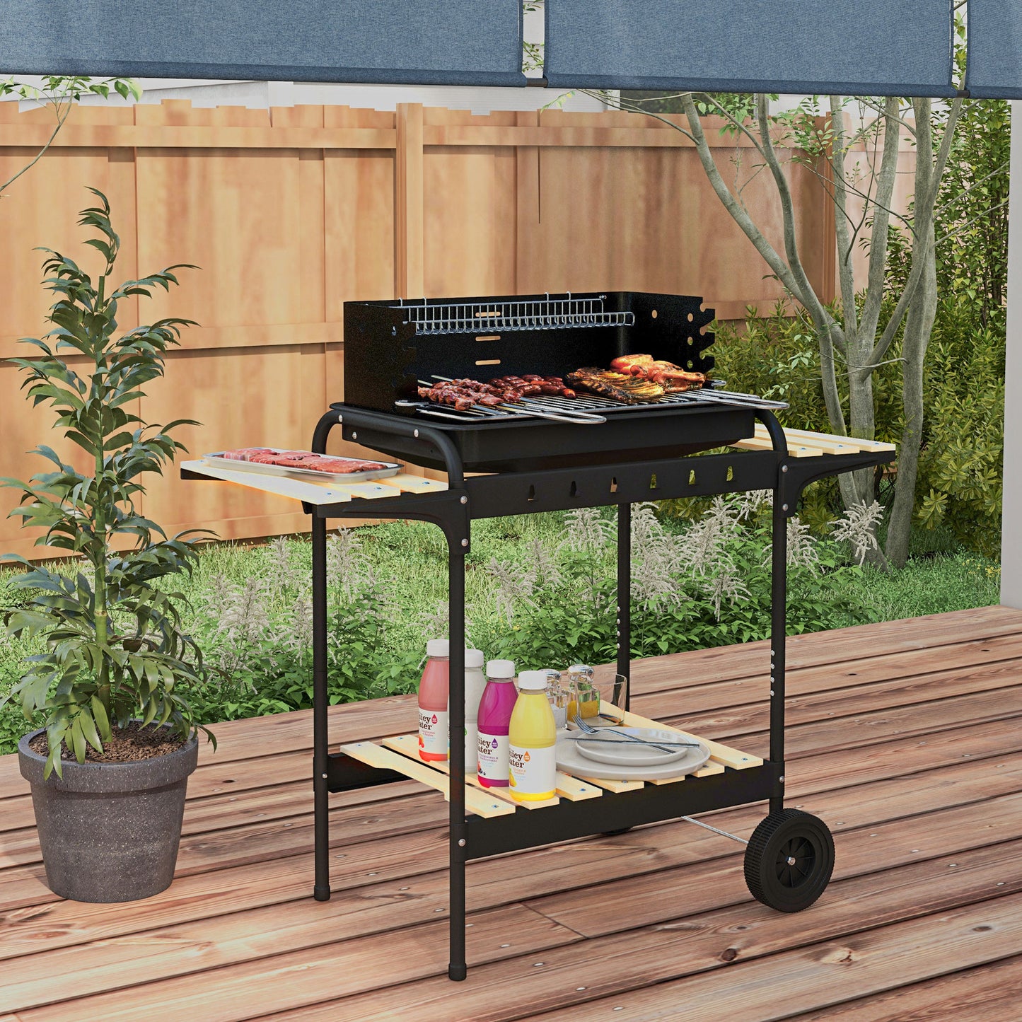 Outsunny Charcoal BBQ Grill, Adjustable Height, Portable Trolley with Ash Catcher & Wheels for Garden Parties, Black