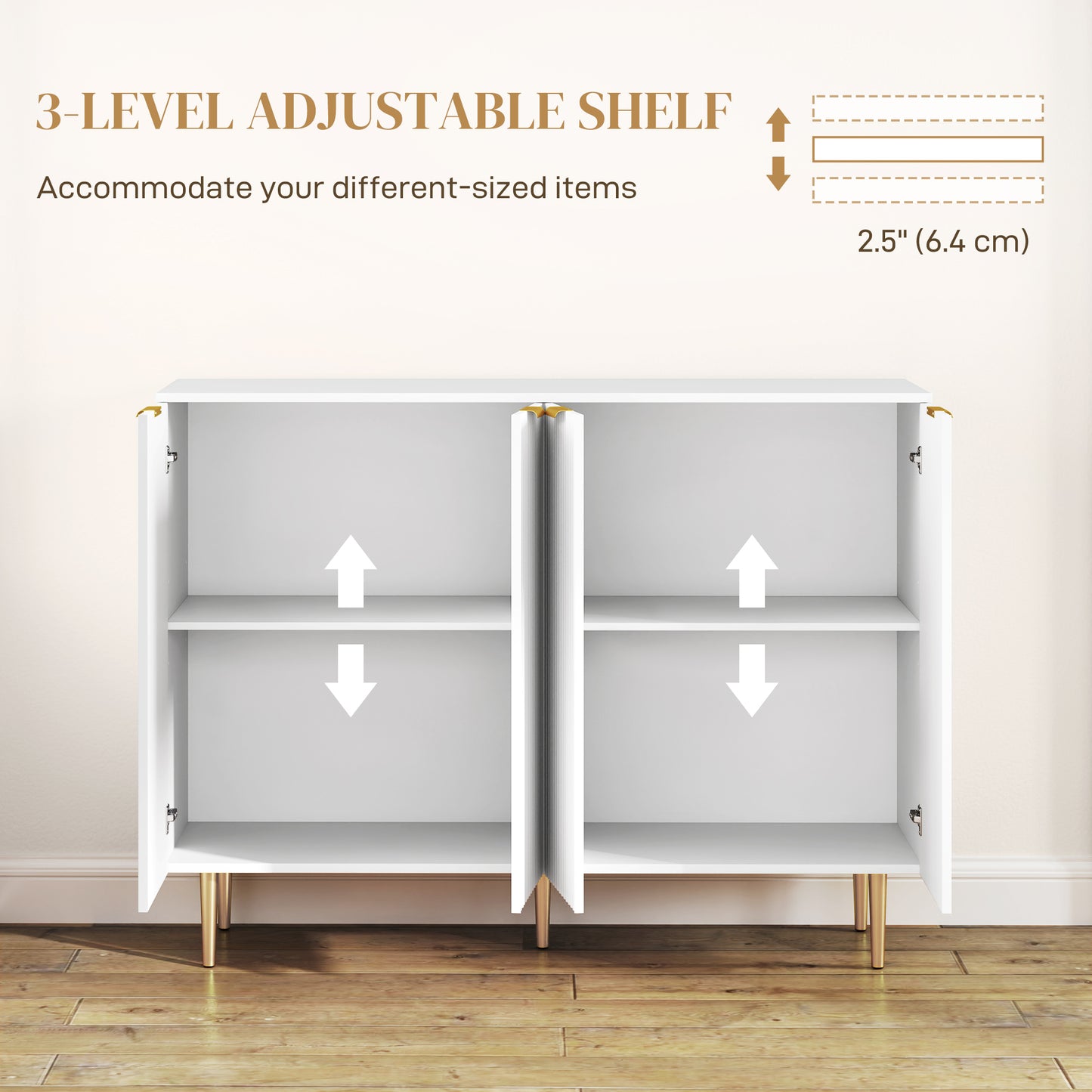 HOMCOM Sideboard Buffet Cabinet, Modern Kitchen Storage with Adjustable Shelves, Metal Legs, White