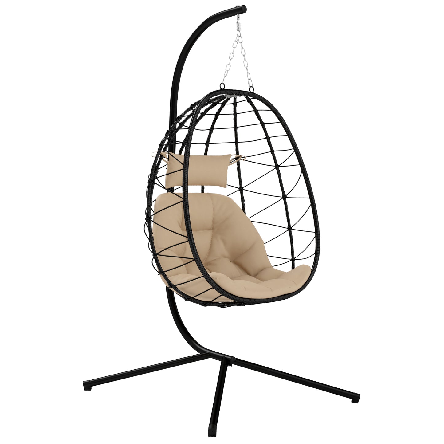 Outsunny Hanging Egg Chair Indoor/Outdoor Swing with Stand, Thick Cushion, Headrest, Khaki