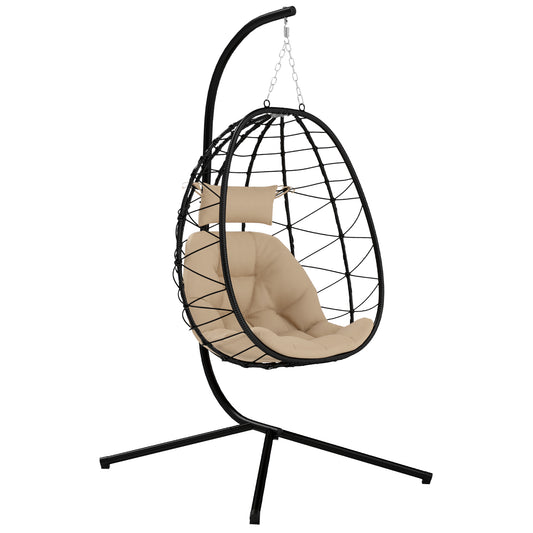 Outsunny Hanging Egg Chair Indoor/Outdoor Swing with Stand, Thick Cushion, Headrest, Khaki