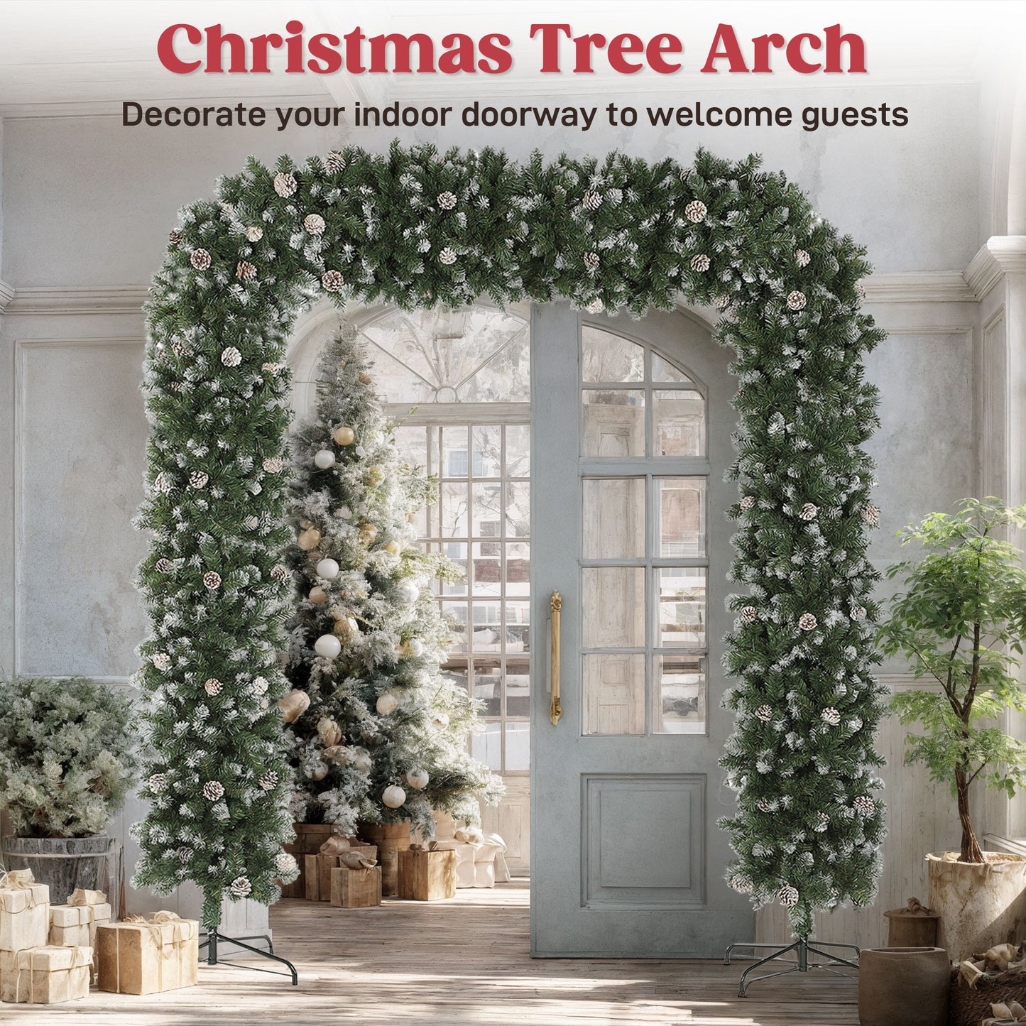 HOMCOM Christmas Tree Arch, 8.2 ft Snow Frosted with 2100 Tips & 96 Pinecones, Artificial Xmas Decoration with Metal Stand, Green