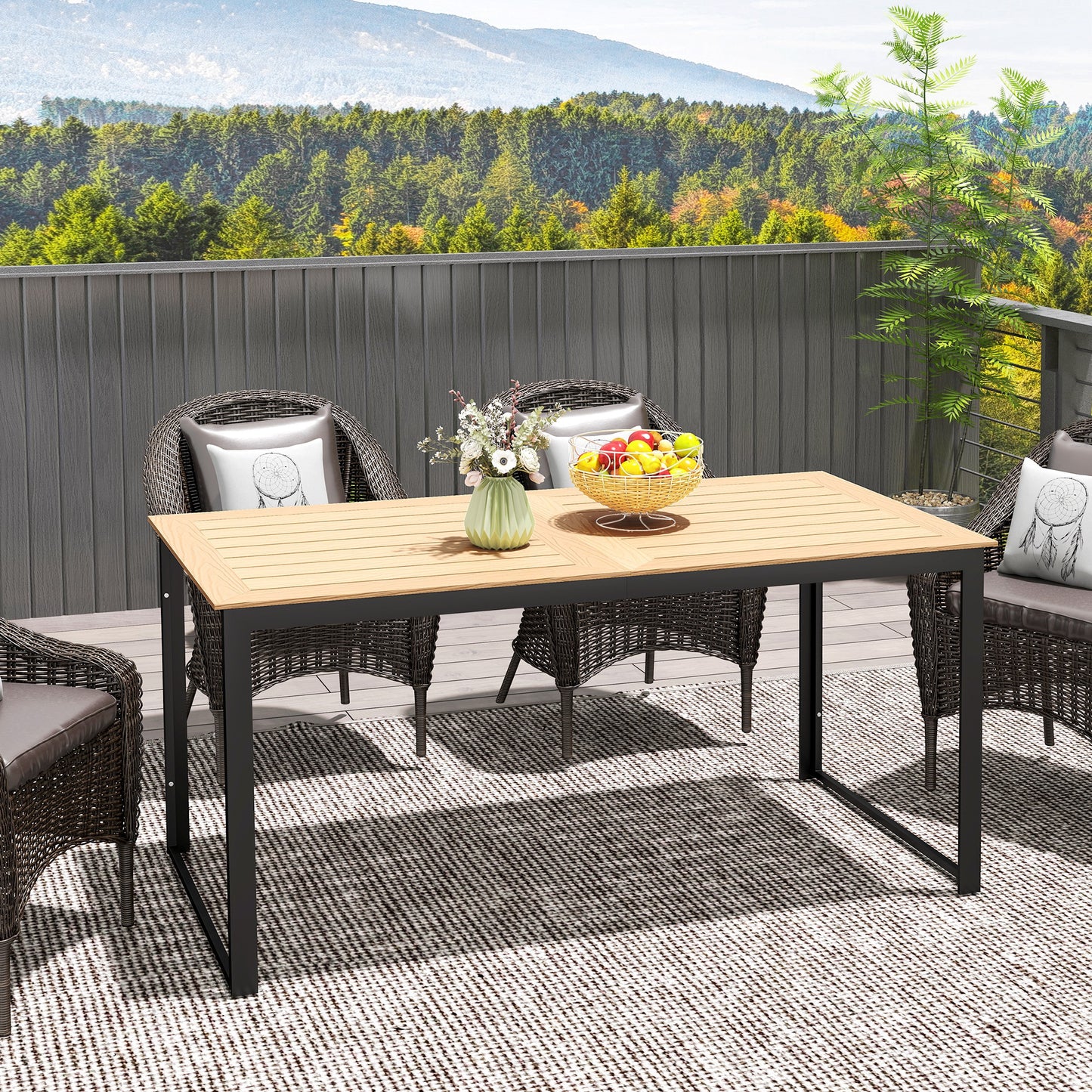 Outsunny Garden Table for 6 People, 160 x 80 x 75 cm Rectangle Outdoor Dining Table with Slatted Table Top, Metal Frame, for Balcony, Deck, Teak