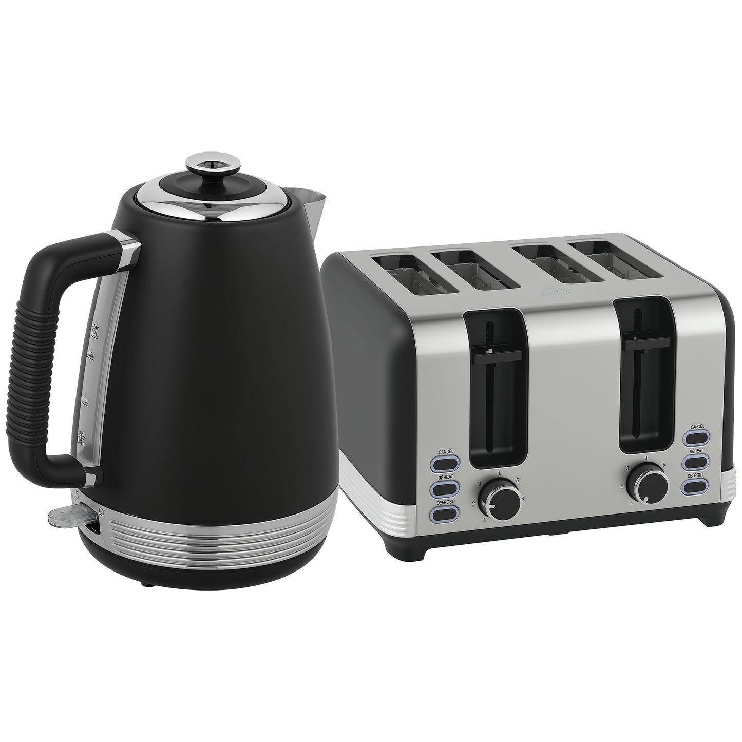 HOMCOM Stainless Steel Kettle and Toaster Set, 1.7L Rapid Boil Kettle, Limescale Filter, 4 Slice Toaster, 7 Browning Levels, Black/Silver
