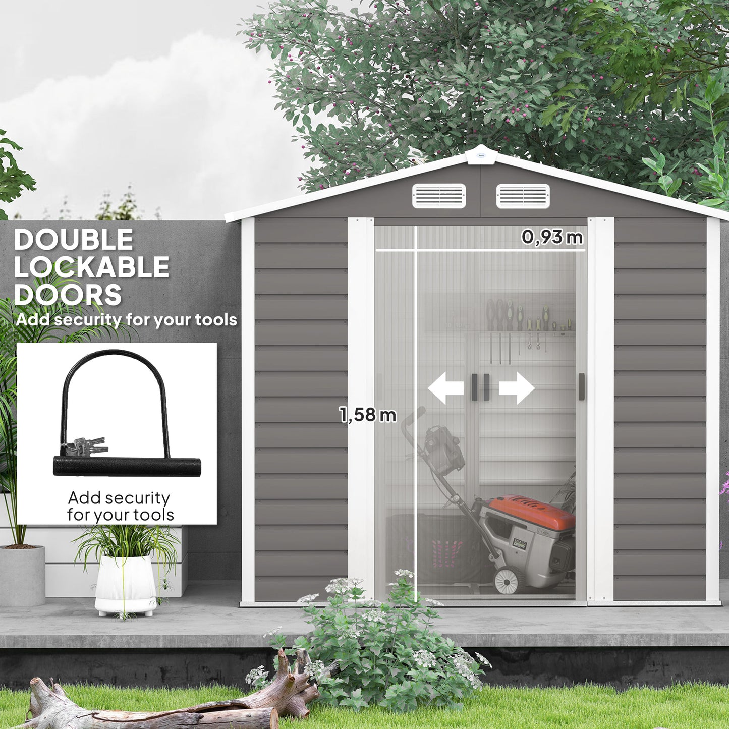 Outsunny Garden Shed, 7x4ft Galvanised Steel Frame, Double Doors with Lock, Vents & Gloves, Foundation Kit Included, Light Grey