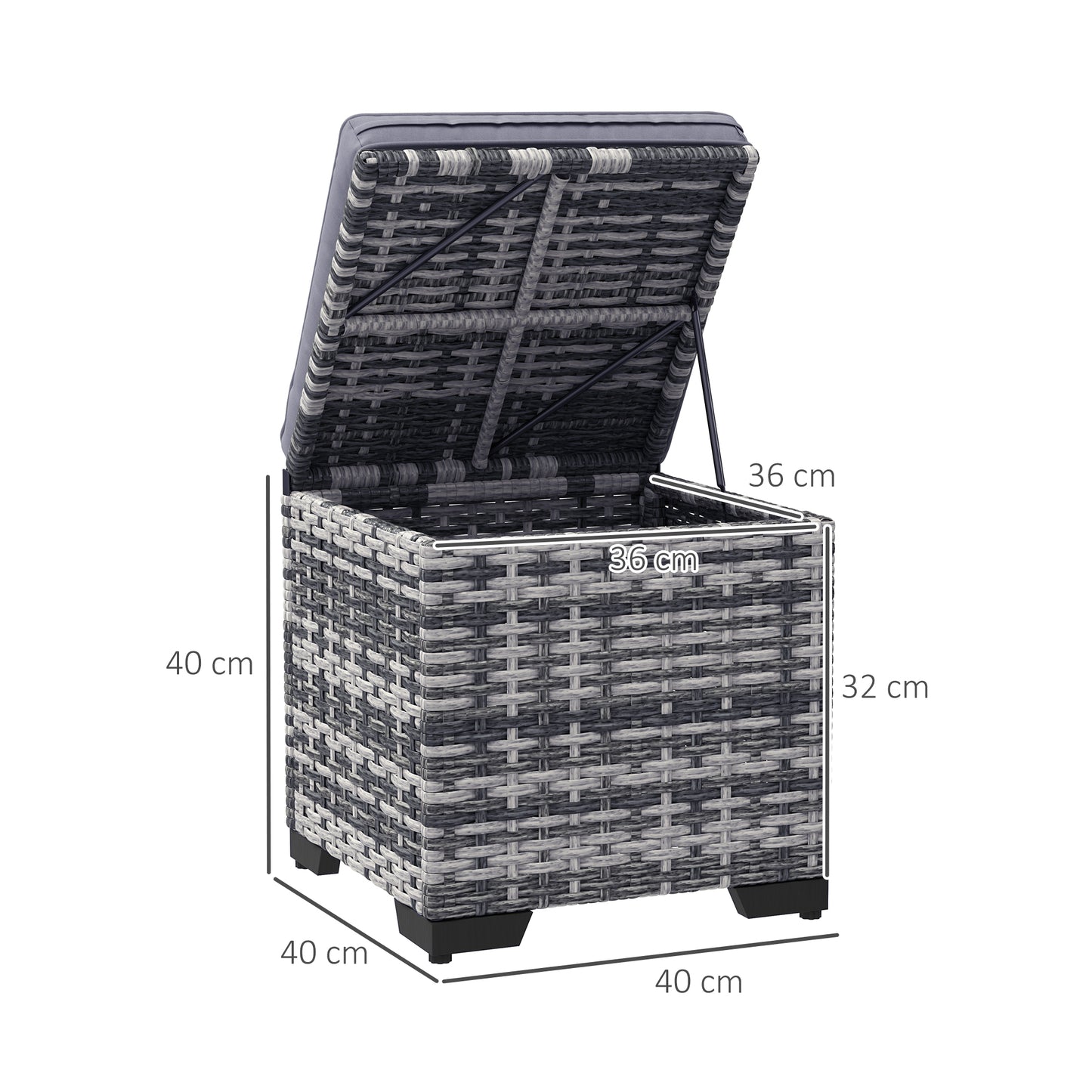 Outsunny Set of 2 Rattan Storage Ottomans, Outdoor Footstools with Removable Cushions for Garden, Balcony, or Living Room, Dark Grey