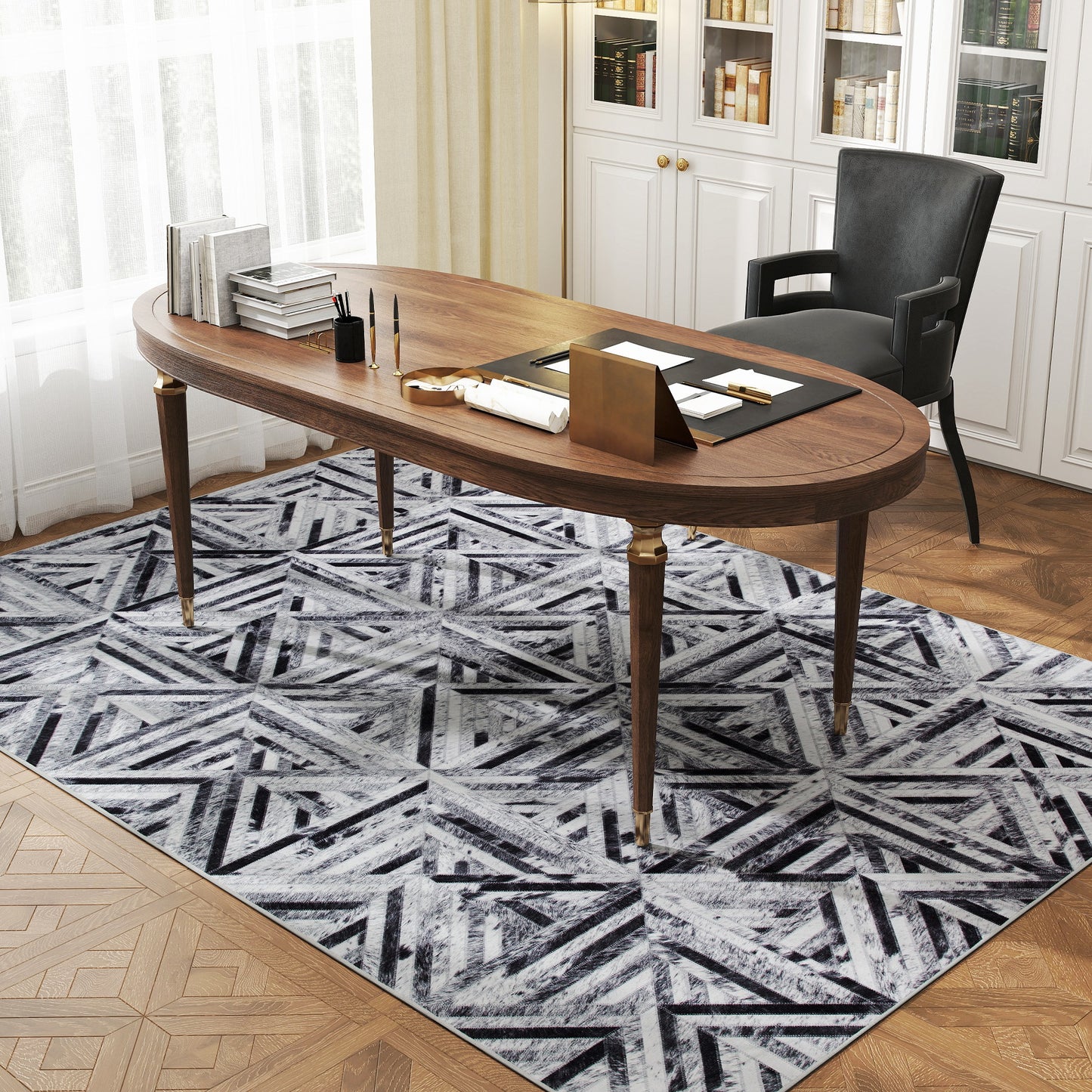 HOMCOM Modern Area Rug, Triangle Pattern Non-Slip Washable Chenille Floor Carpet, 230 x 160 cm, Black