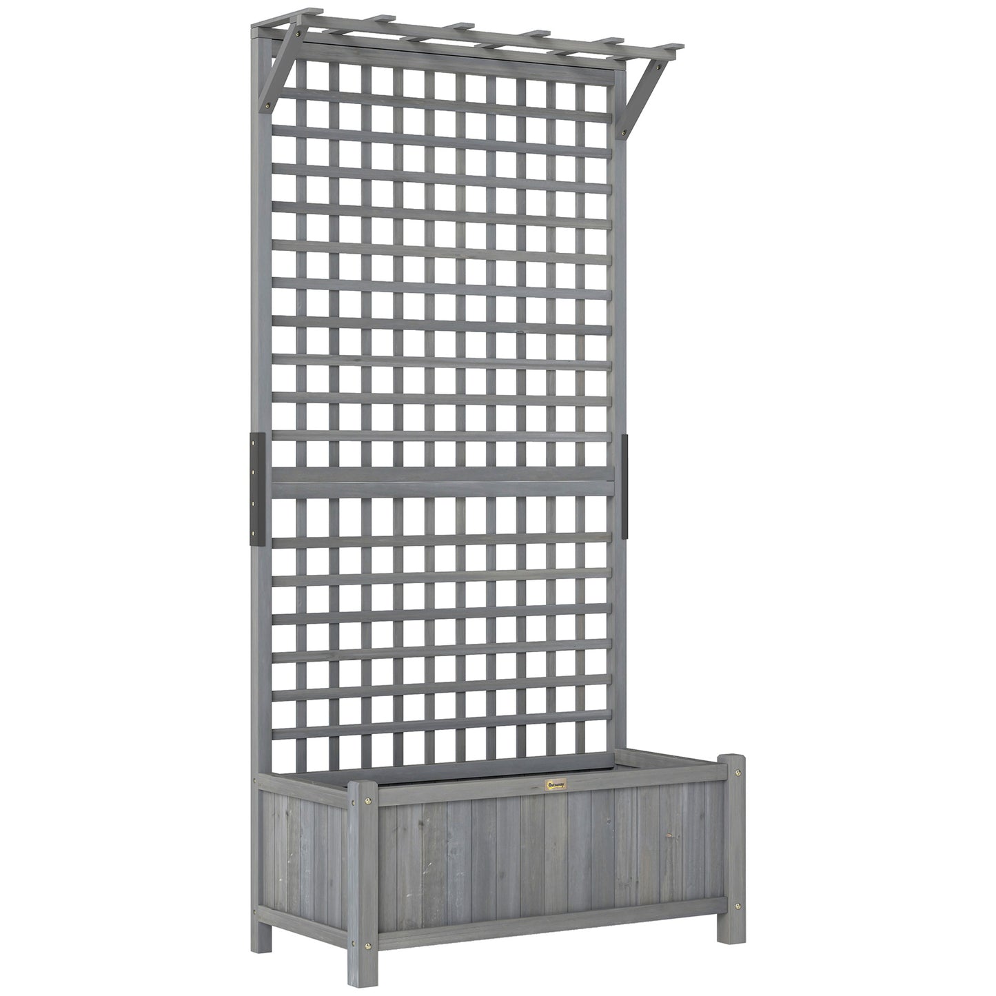 Outsunny Raised Bed with Drainage Holes, Wood Planter with Trellis for Climbing Plants to Grow Vegetables, Flowers, Dark Grey