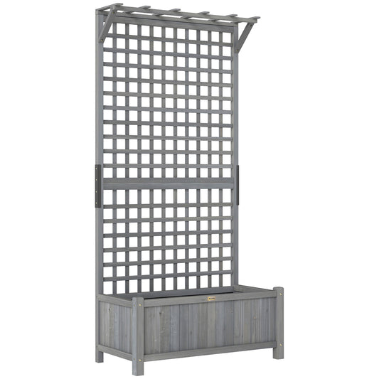 Outsunny Raised Bed with Drainage Holes, Wood Planter with Trellis for Climbing Plants to Grow Vegetables, Flowers, Dark Grey