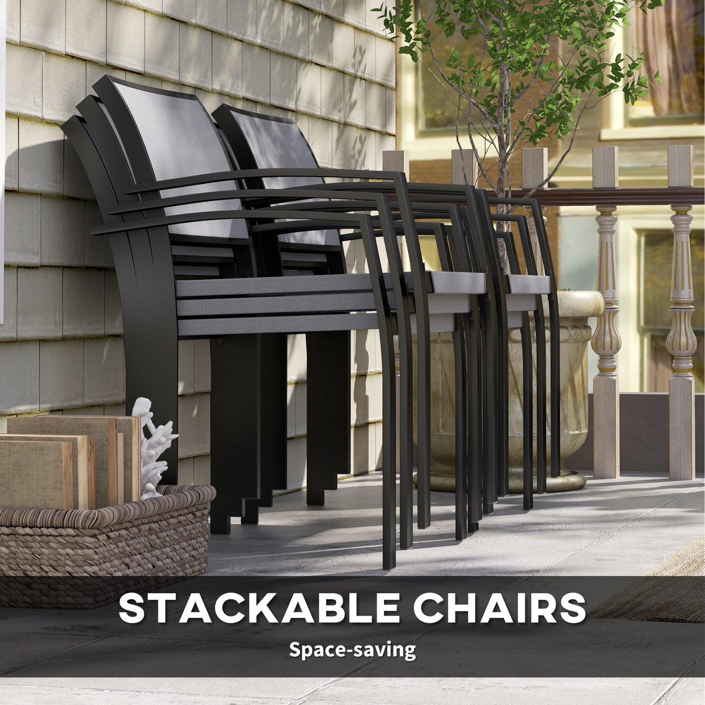 Outsunny 5 Piece Garden Furniture Set with 4 Stackable Armchairs, Easy Clean Top, Steel Frame, Texteline Seat, Grey