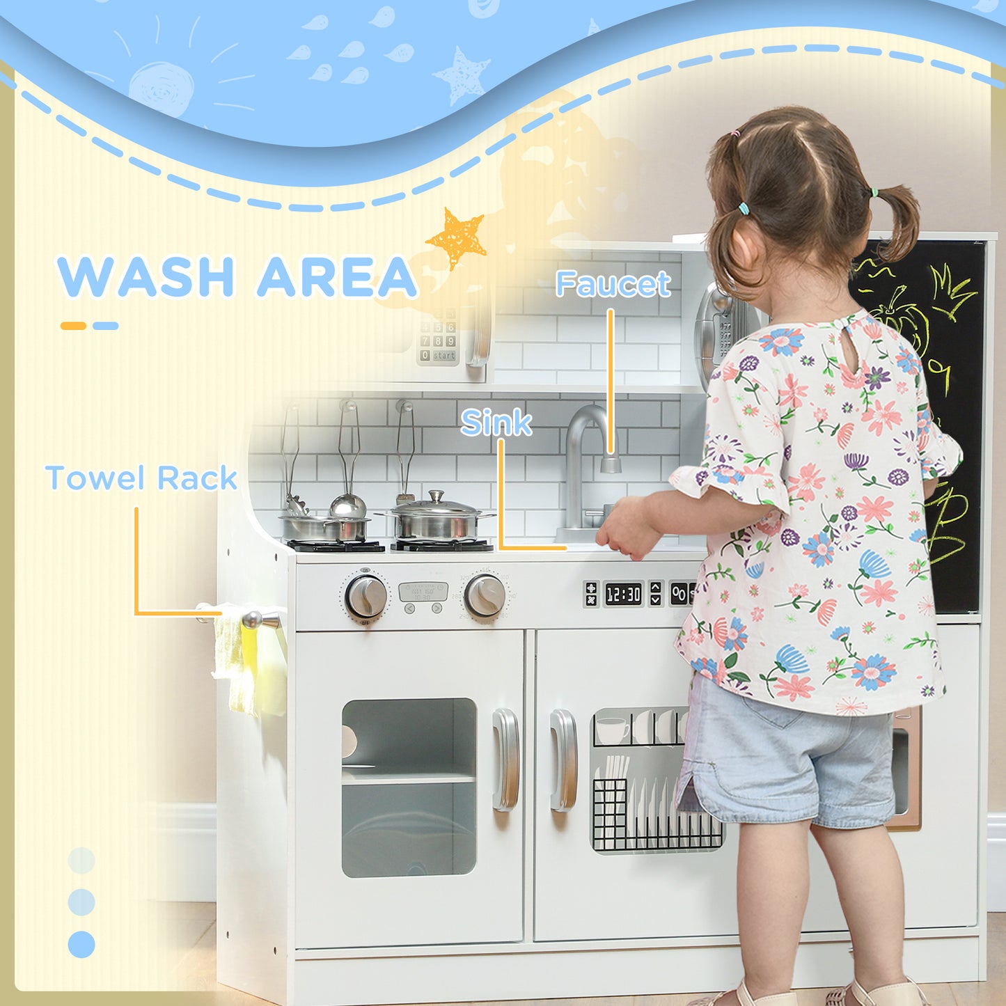 AIYAPLAY Pretend Play Kitchen, Kids Kitchen Playset, with Toy Phone, Chalkboard, Microwave, Cooking Stove, Sink, White