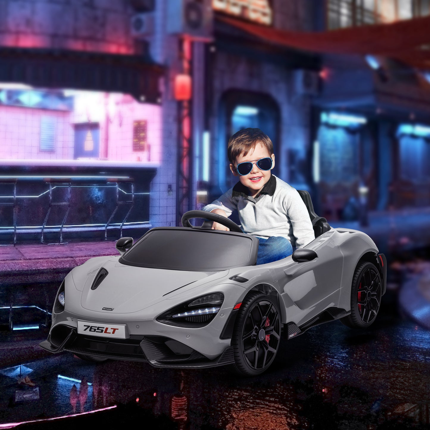 AIYAPLAY McLaren 765LT Licensed 12V Kids Electric Ride on Car with Butterfly Doors Remote Control Training Wheels Grey