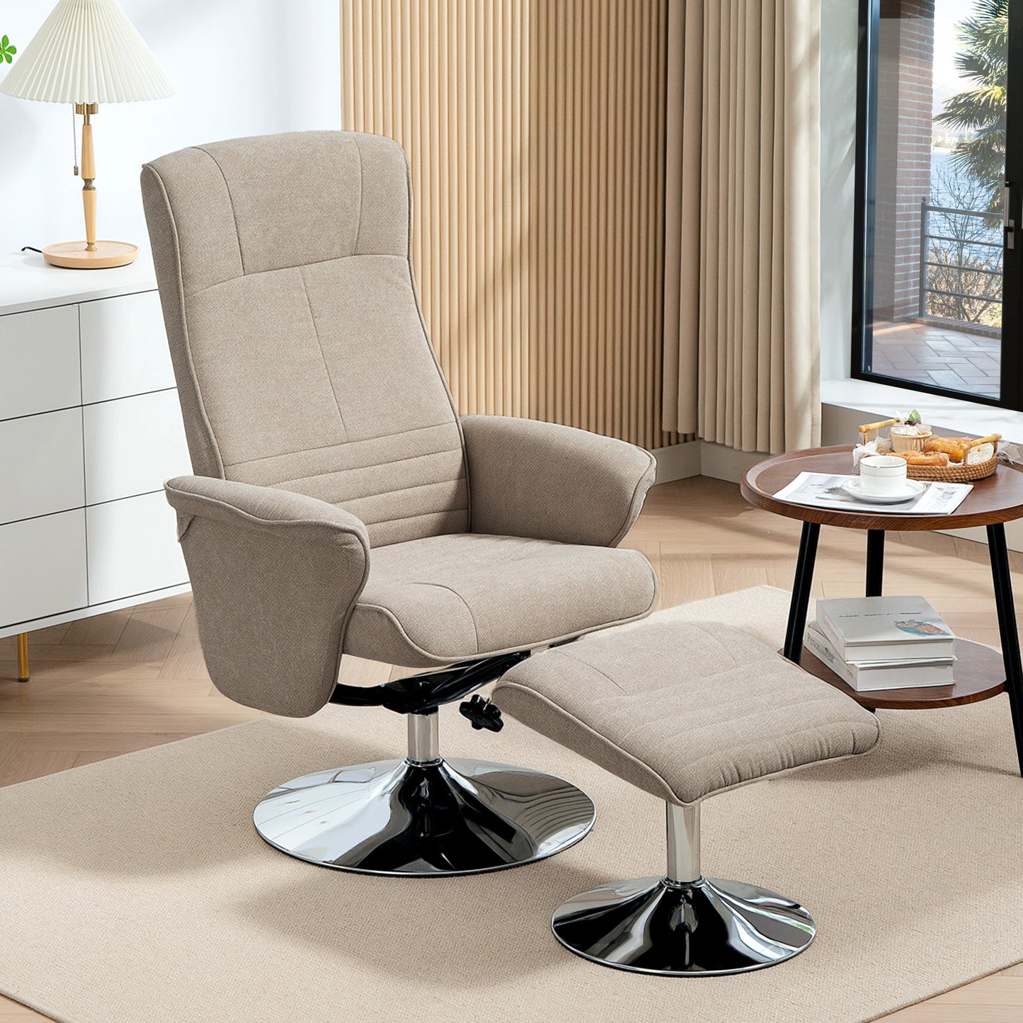 HOMCOM Swivel Recliner Chair with Footstool, Velvet Upholstered Armchair with Ottoman, Steel Base for Living Room, Bedroom, Office, Beige