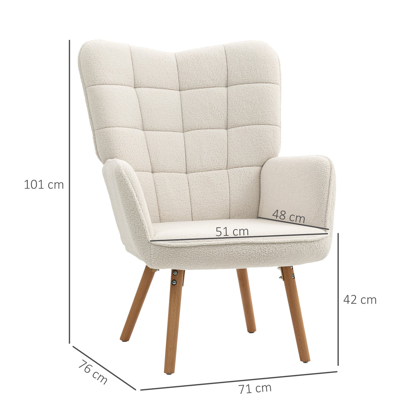 HOMCOM Modern Accent Chair, Upholstered Tufted Wingback Armchair with Seat Padding, Leisure Lounge Bedroom Chair with Wood Legs, Cream White