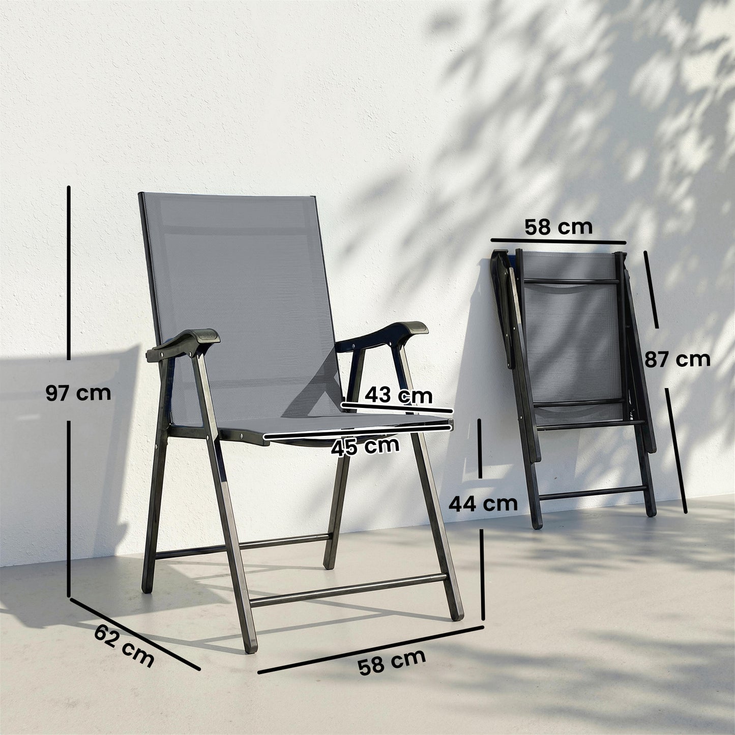 Outsunny Folding Garden Chairs Set of 2, Foldable Garden Dining Chairs with High Back, Armrests, Texteline Seat, Light Grey