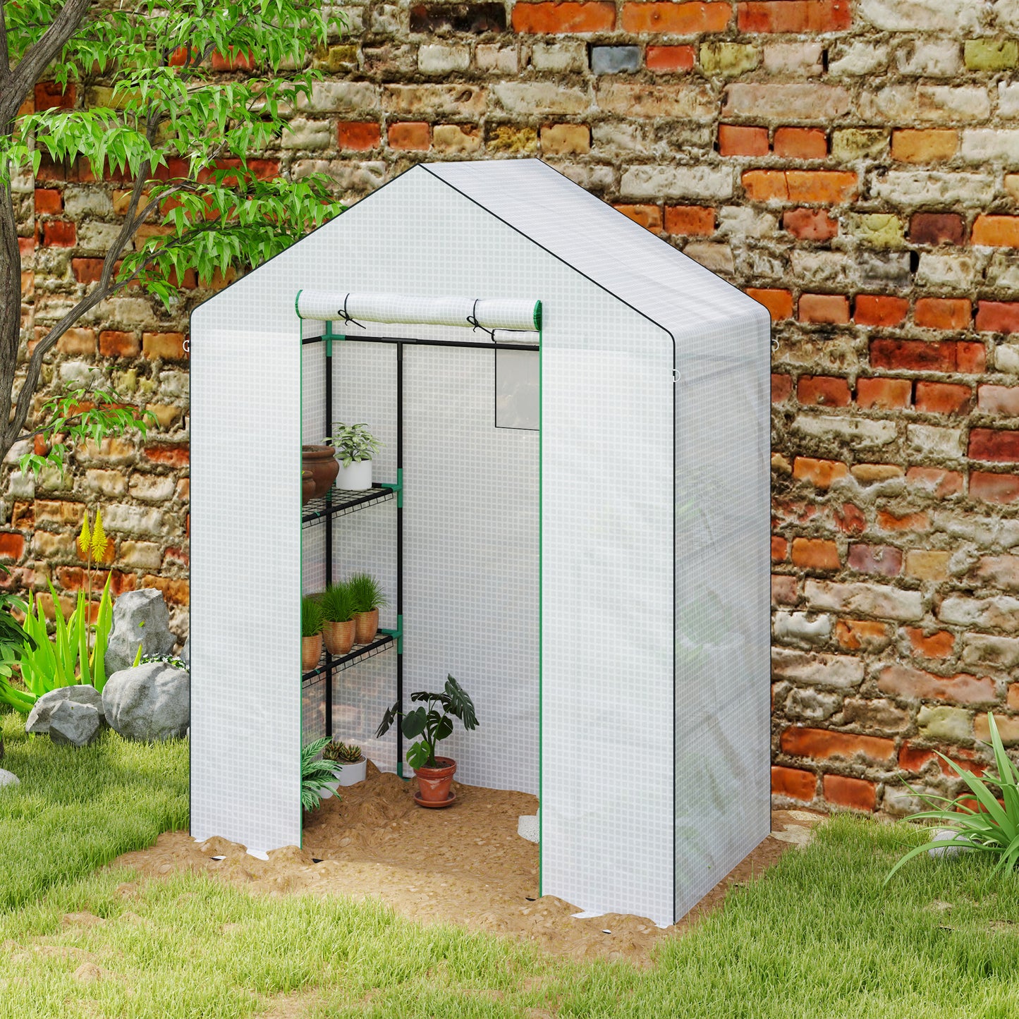 Outsunny Walk-in Greenhouse with 3 Tiers & 4 Shelves, Reinforced PE Cover, Roll-up Door, 143x74x190cm, White
