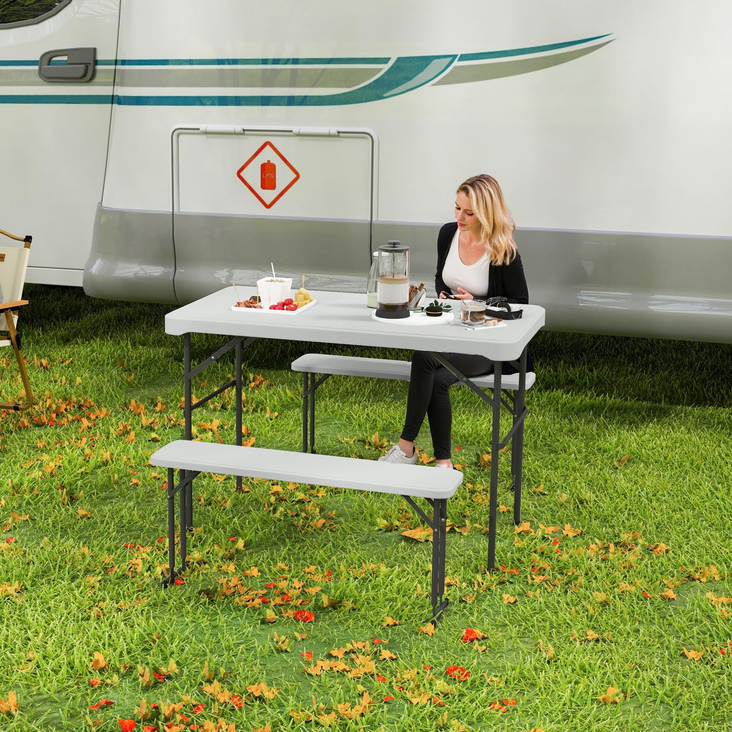Outsunny 3 Piece Folding Picnic Table & Bench Set, Portable HDPE with Carry Handle for Indoor/Outdoor, Light Grey