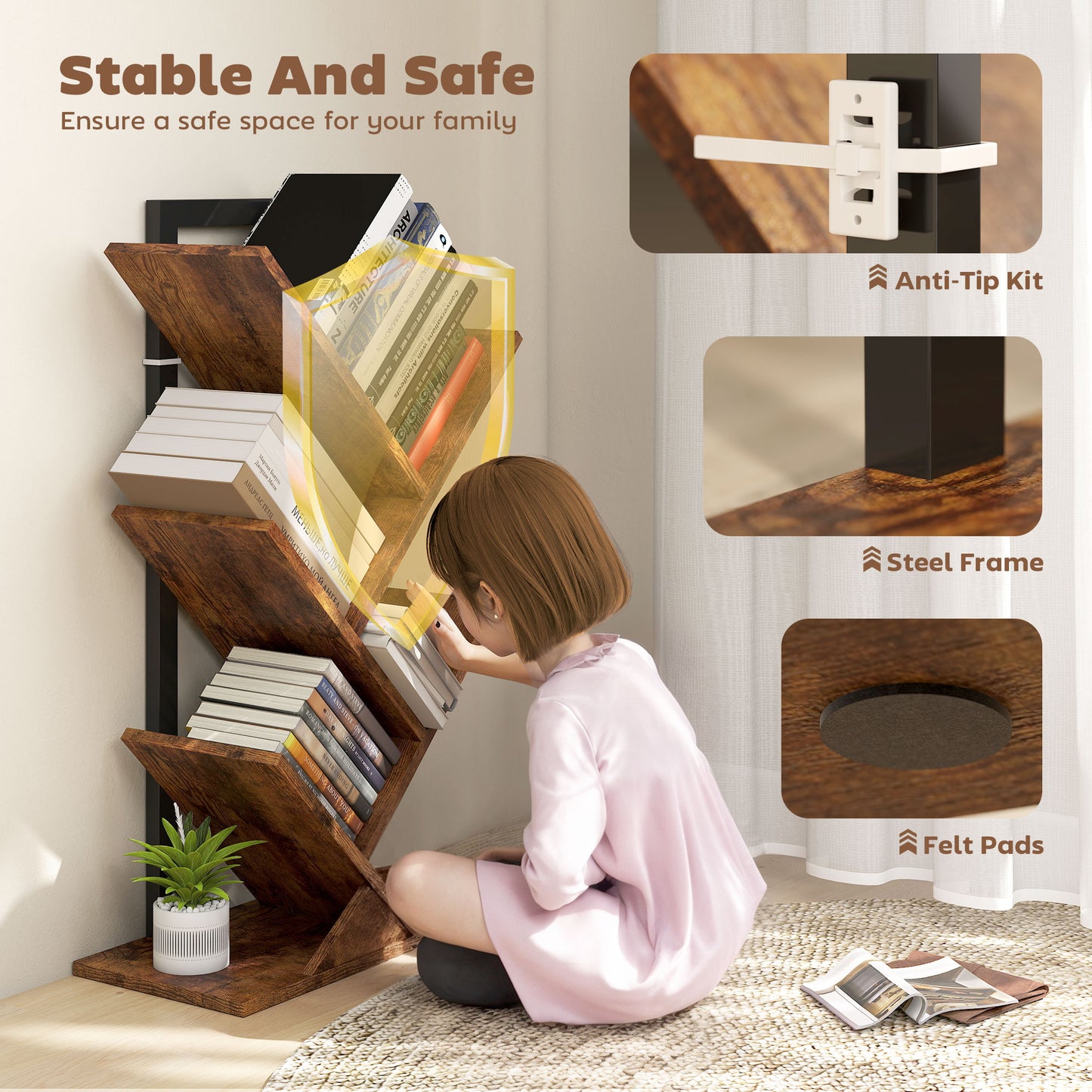 HOMCOM Four-Section Tree Bookcase - Wood-Effect