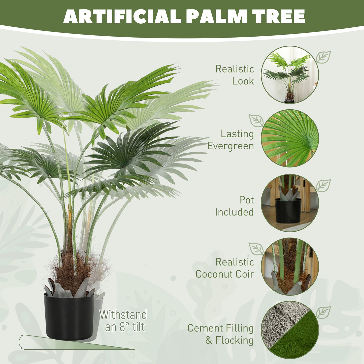 HOMCOM Artificial Palm Tree, 94cm Decorative Plant, Lifelike PEVA Leaves, Coconut Coir, Fake Tree in Plastic Pot, Home Office Decor, Green