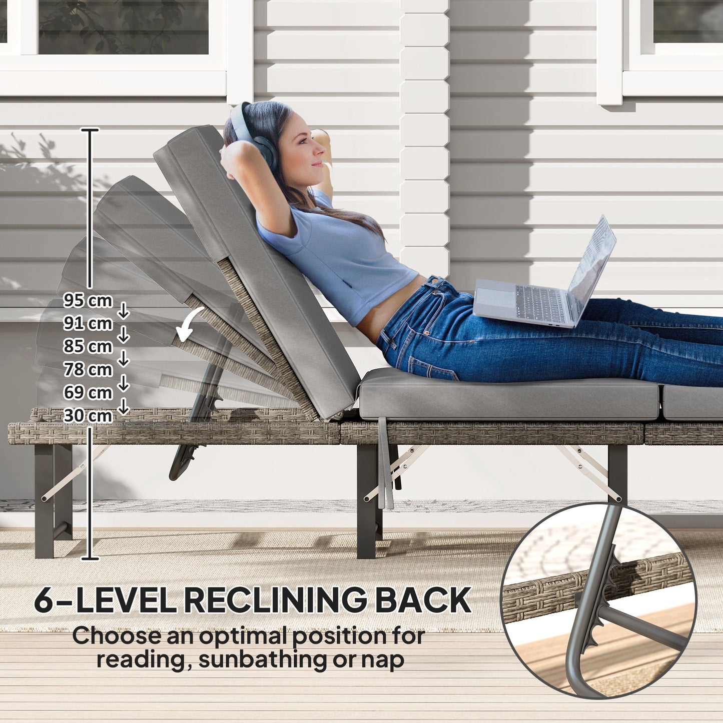 Outsunny Single Folding Rattan Sun Lounger, with Cushion - Grey