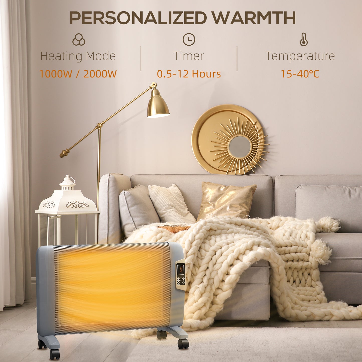 HOMCOM Mica Electric Space Heater, Portable Heater for Home with 2 Heat Settings Grey