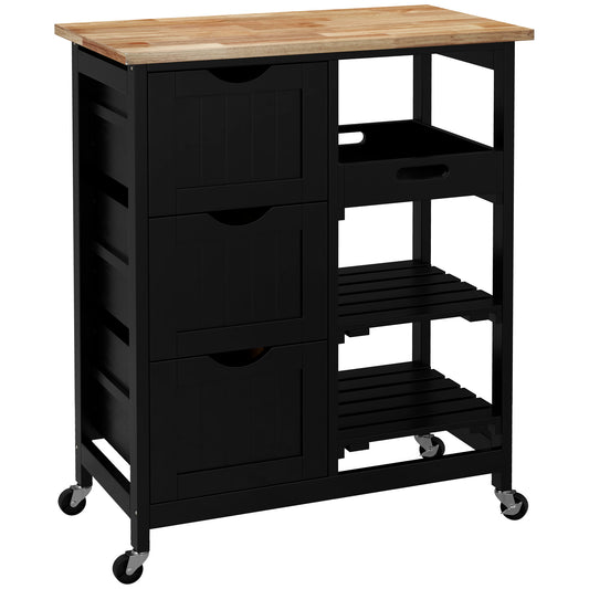 HOMCOM Rolling Kitchen Island Cart, Compact Bar Trolley with Wood Top, Shelves & Drawers, on Wheels for Home Dining, Black